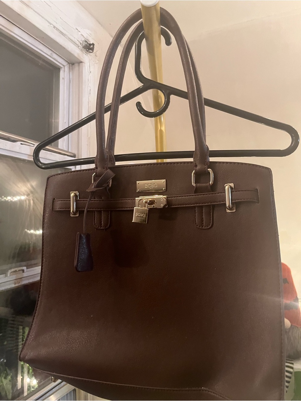 BCBG Dark Brown Structured Satchel with Gold Hardware